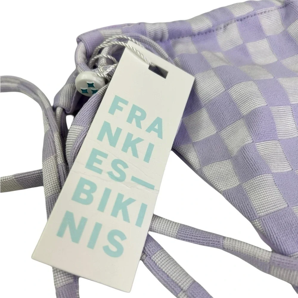 New Frankie's Bikini Tia Checkered String Bikini Bottom Light Purple White XL